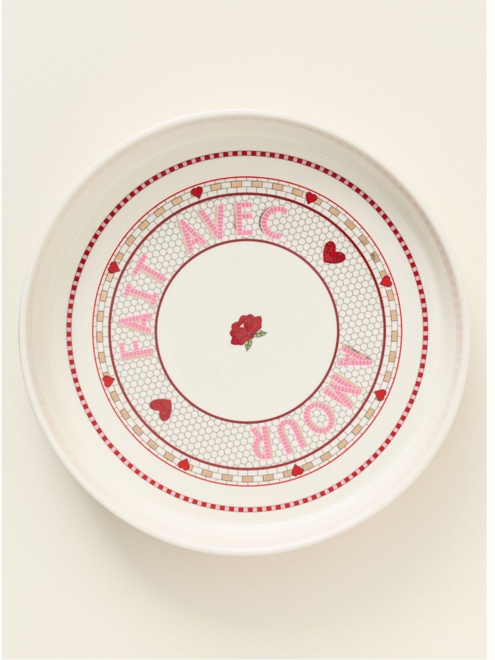 Anthropologie Pie Dish Bistro Tile Stoneware 24k Gold Accents New Heart Pink
